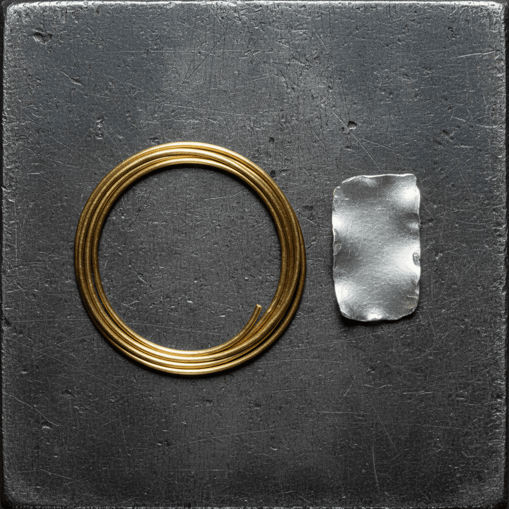 Raw gold wire and silver sheet on a steel block with direct flash