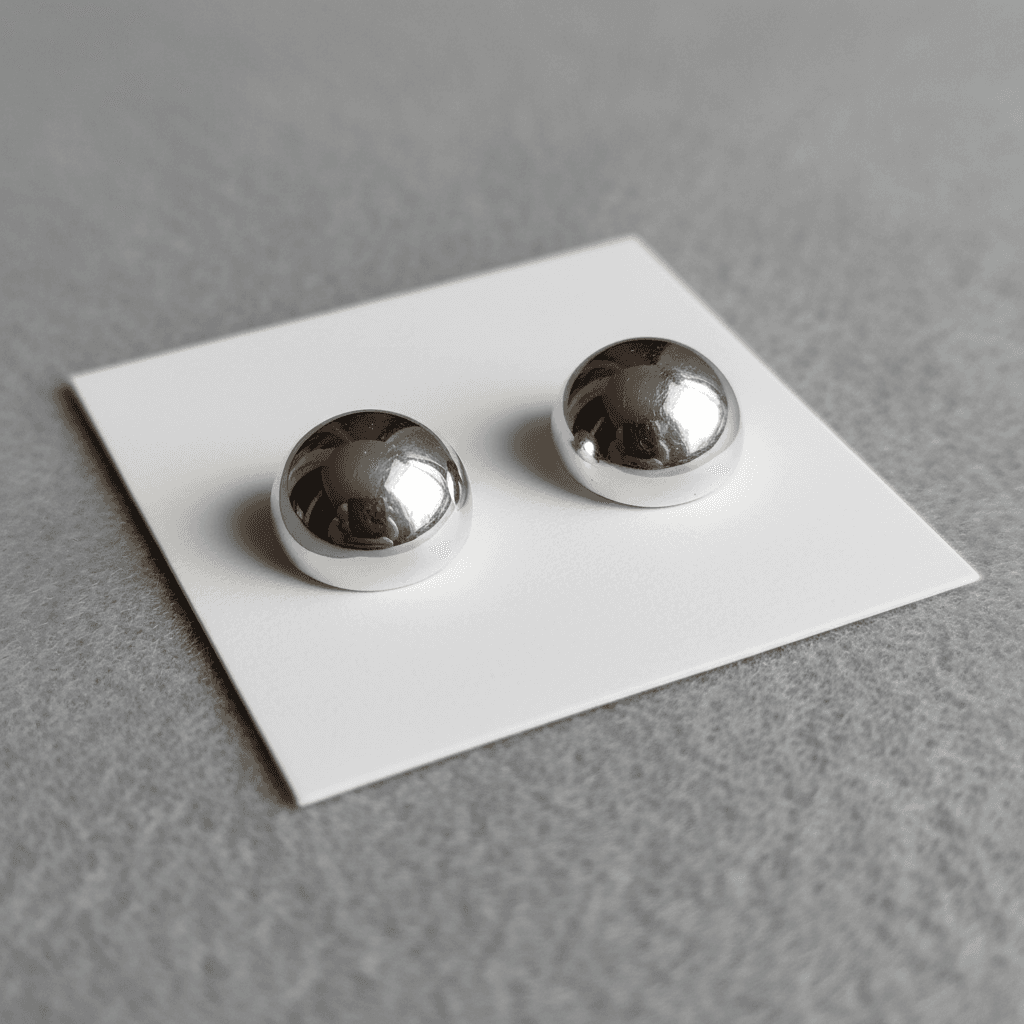 Polished silver stud earrings on white card with natural light