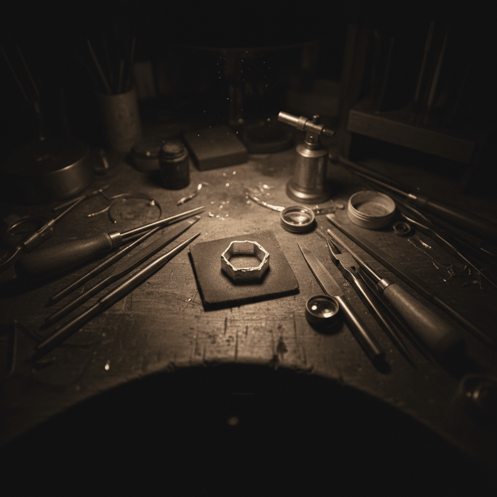 Jewelry workbench with tools and an unfinished silver bezel setting